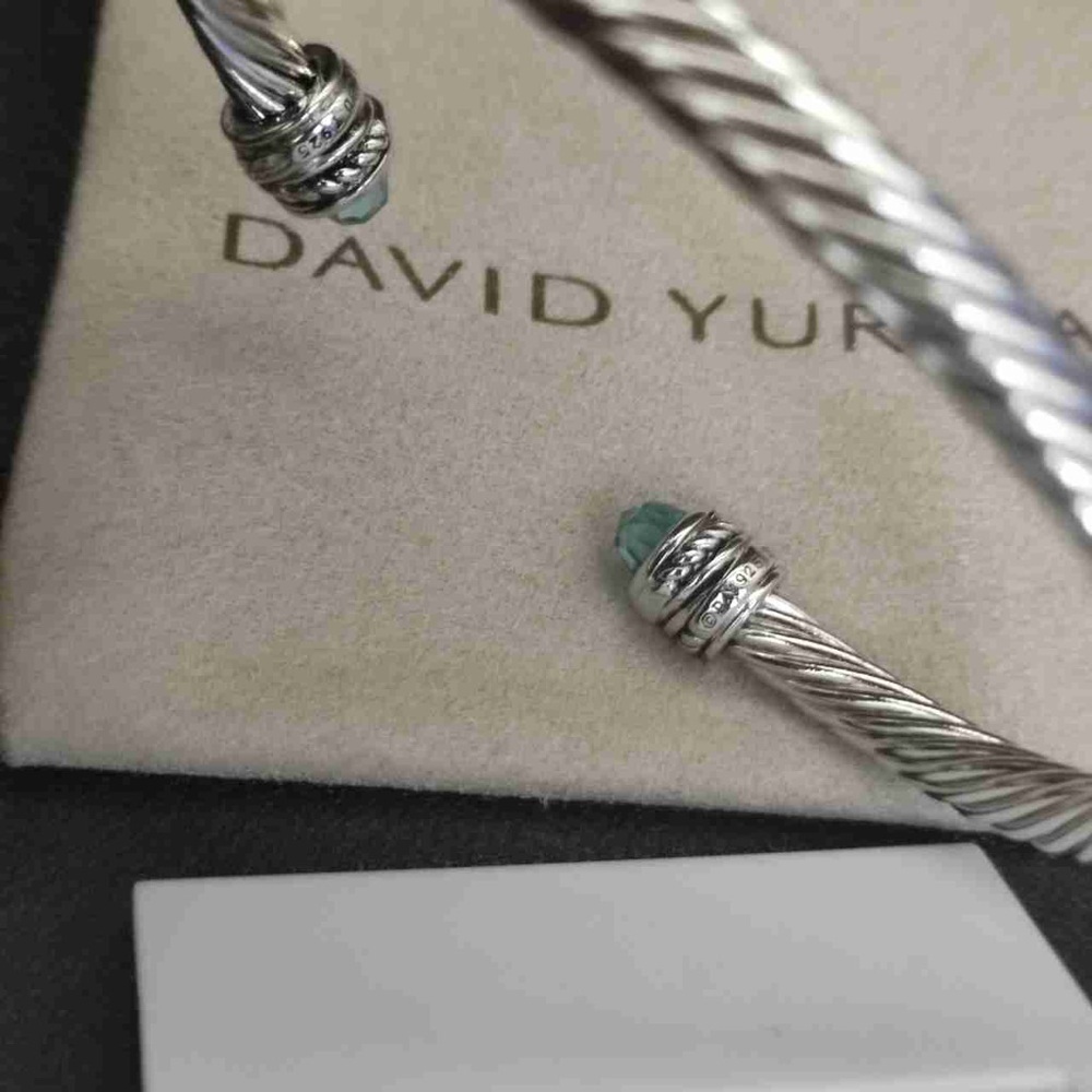 David Yurman 5mm Sterling Silver Cable Cuff Bracelet with Blue Topaz & Diamonds - Picture 3 of 7